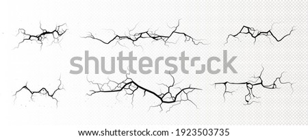 Ground cracks, horizontal breaks on land surface isolated on transparent background. Vector realistic set of fissure in ground, crevices from disaster or drought, black fractures top view