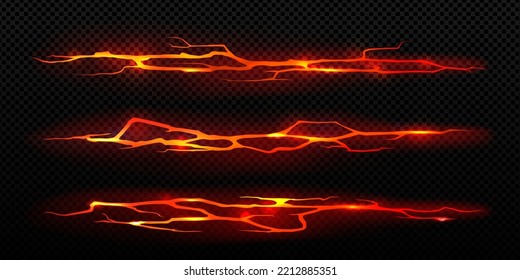 Ground cracks with hot molten magma. Lava and fire in breaks on land surface, fissures in ground from volcano or earthquake isolated on transparent background, vector realistic set