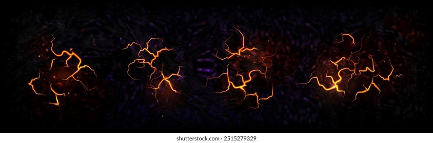 Bodenrisse mit Lavasatz einzeln auf schwarzem Hintergrund. Vektorrealistische Illustration von heißem, geschmolzenem Magma in Bruchstellen auf Landflächen, Rissen im Boden, Vulkanausbruch oder Erdbebenbrüchen