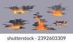 Ground cracks and lava set. Natural destruction and demolition. Cracked floor of vulcano. Fire and flame, magma. Poster or banner. Cartoon isometric vector illustration isolated on grey background