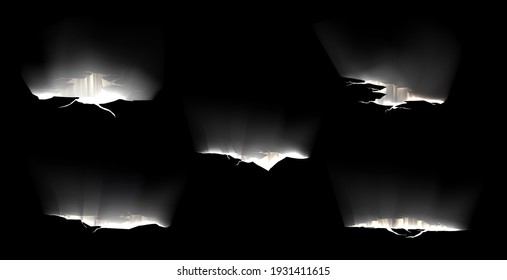 Ground cracks with light inside, breaks on land surface isolated on black background. Vector realistic set of fissure in ground with magic white glow, glowing fractures and crevices at night