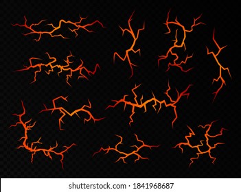 Ground cracks with molten lava isolated on a black background. Volcanic fissures set with hot magma, abstract vector elements.