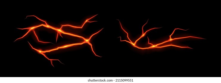 Grietas terrestres con lava fundida aisladas en un fondo negro. El magma del volcán resplandece la textura en los agujeros de craqueo. Fisuras volcánicas con magma caliente, elementos vectores abstractos.