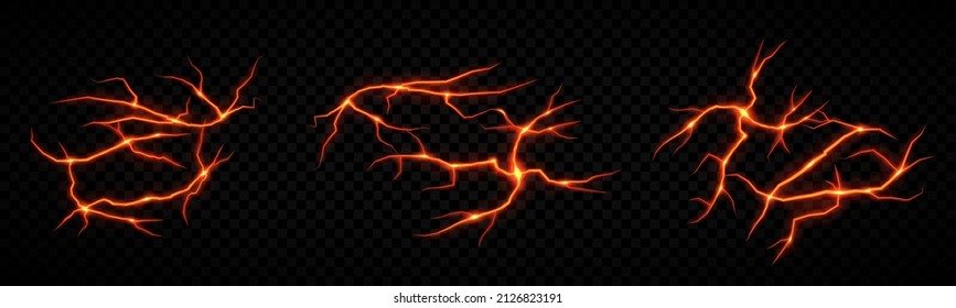 Ground cracks with molten lava isolated on a black background. Volcano magma glow texture in cracking holes. Volcanic fissures set with hot magma, abstract vector elements.