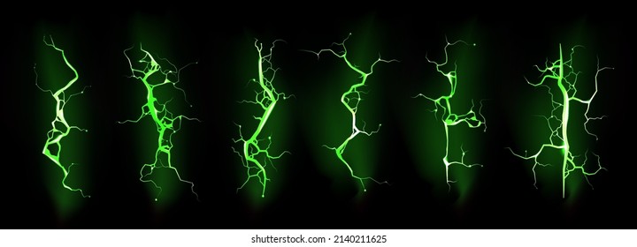 Ground cracks with neon green light top view. Vector realistic set of lightning, thunderbolt, electric impacts isolated on black background. Cracks of land destruction with magic glow