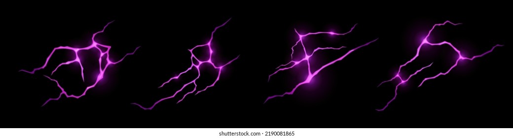 Ground cracks with purple light inside top view. Vector cartoon texture of horizontal breaks in land surface with magic glow or lightnings isolated on black background.