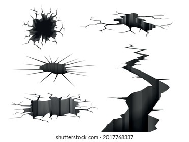 Ground cracks realistic set of isolated monochrome images with earth rifts of different shape and size vector illustration