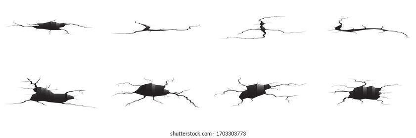 Ground cracks set. Earthquake and ground cracks, hole effect, craquelure and damaged wall texture. Vector illustrations can be used for topics earthquake, crash, destruction