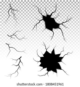Ground cracks set. Earthquake and ground cracks, hole effect, craquelure and damaged wall texture. Vector illustrations can be used for topics earthquake, crash, destruction