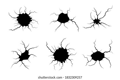 Ground cracks set. Earthquake and ground cracks, hole effect, craquelure and damaged wall texture. Vector illustrations can be used for topics earthquake, crash, destruction