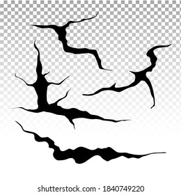 Grietas de tierra puestas. Grietas de terremotos y de tierra, efecto de hoyo, craquelura y textura de pared dañada. Ilustraciones vectoriales terremoto, accidente, destrucción