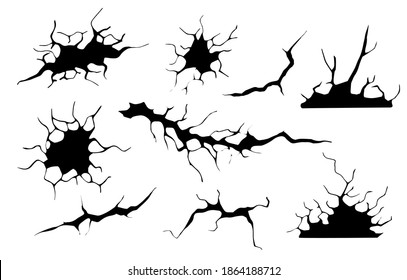 Ground cracks set. Earthquake and ground cracks, hole effect, craquelure and damaged wall texture. Vector illustrations earthquake, crash, destruction