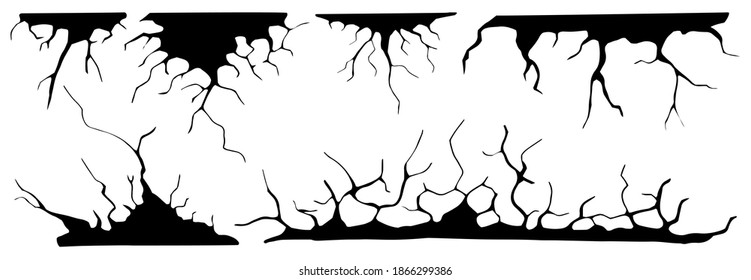 Ground cracks set. Earthquake and ground cracks, hole effect, craquelure and damaged wall texture. Vector illustrations earthquake, crash, destruction