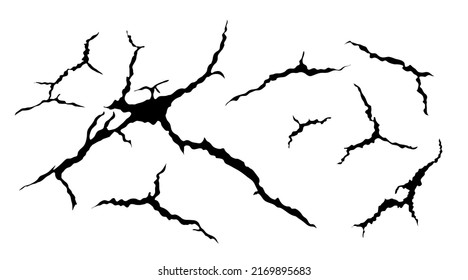 Grietas de tierra puestas. Grietas de terremotos y de tierra, efecto de hoyo, craquelura y textura de pared dañada. Vector de temas de terremoto, accidente, destrucción.