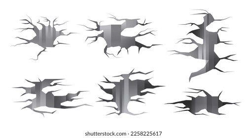 Ground cracks set. Earthquake and ground cracks, hole effect, craquelure and damaged wall texture. 3D holes and fissures in concrete, destructed fractured wall. Broken surface templates set.