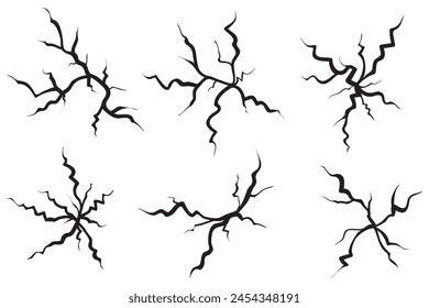 Juego de grietas en tierra. Terremoto y grietas en el suelo, efecto de agujero, craquelure y textura de pared dañada. Las Ilustraciones vectoriales se pueden utilizar para los temas terremoto, choque, destrucción
