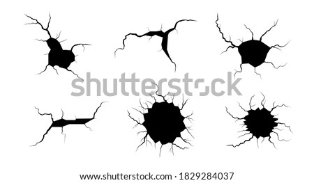 Ground cracks set. Earthquake and ground cracks, hole effect, craquelure and damaged wall texture. Vector illustrations can be used for topics earthquake, crash, destruction