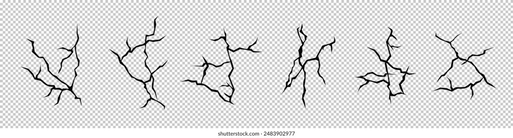 El suelo se agrieta, la superficie de la tierra y se rompe con el terremoto aislado sobre fondo transparente. Fracturas negras, fisuras en el suelo, grietas por desastre o sequía colección de Vector.