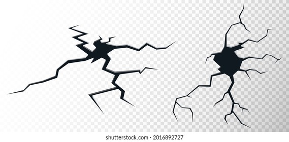 Ground cracks set on transparent background. Earthquake crack the rift on surface. Ruined cracked texture. Ground split after disaster. Aging or dried ground effects. Vector illustration