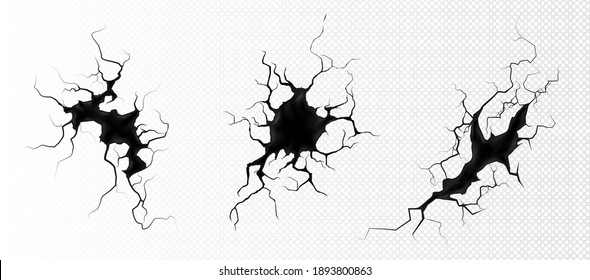 Ground cracks top view, earthquake cracking holes, ruined land surface crushed texture. Destruction, split, damage fissure effect after disaster isolated on transparent background. Realistic 3d vector