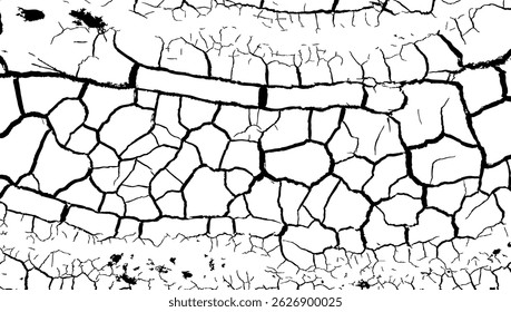Image vectorielle de craquelures au sol, graphismes en noir et blanc d'une texture craquée, texture d'Image vectorielle de craquelures à la terre, texture grunge, texture au sol de craquelures pour fond abstrait