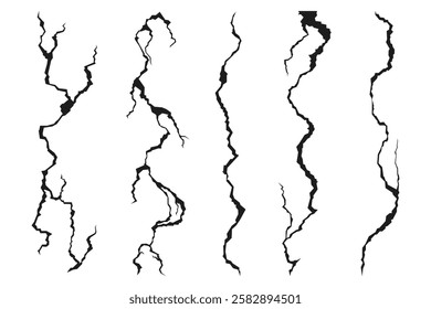 Ground cracks, vertical breaks on land surface isolated on white background. Vector illustration