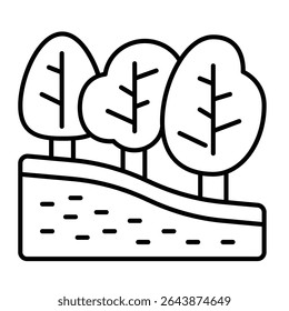 Ground cut and trees thin line icon, construction concept. Vector graphics. Forest nature terrain soil cut sign on white background, style mobile or design