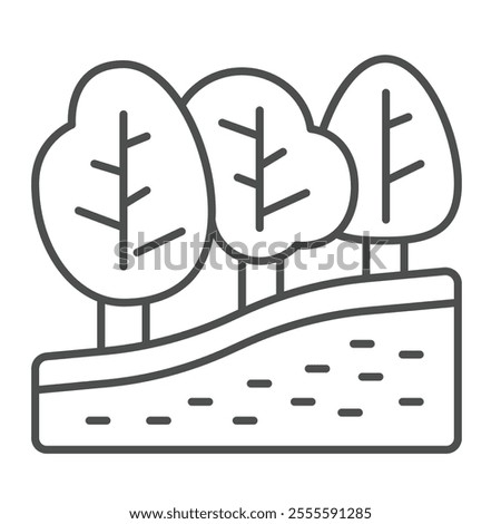 Ground cut and trees thin line icon, construction concept. Vector graphics. Forest nature terrain soil cut sign on white background, outline style icon for mobile or web design