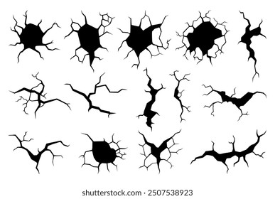 Ground dry cracks set. Isolated black crack with hole. Elements of damages, fractures surface. Different splits after earthquake, neoteric vector clipart