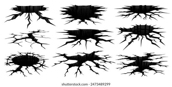 Ground earthquake cracks and holes. Vector set of jagged, edgy fissures. Isolated black earth gaps, resembling shattered or fractured surface with dynamic, abstract shapes. Split and damage cracks