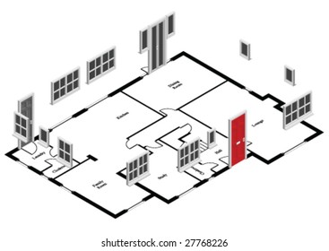 Ground floor house plan with doors and windows