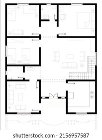 Ground Floor plan for medium house 3Bed,Top View Architectural 2d Plan Apartment With Furniture