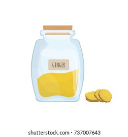 Ground ginger stored in clear jar isolated on white background. Piquant condiment, food spice, cooking ingredient in transparent kitchen container. Colored vector illustration.