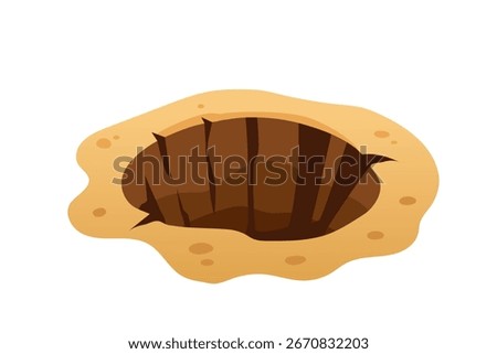 Ground hole with cracks in sandy surface. Brown pit with jagged edges and weathered stone texture. Earth crater for game design and landscapes. Vector illustration isolated on white background.