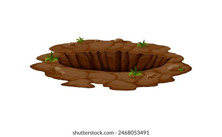 Ground hole, deep dirty pit and burrow. Natural gap surrounded by grass, cracks and stones. Wild animal den or a result of soil erosion. Isolated cartoon vector quarry, fractured land, break or split