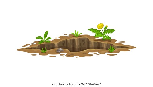 Agujero de tierra, profundo pozo sucio y madriguera. Entrada subterránea de Vector de dibujos animados aislada, gran grieta, espacio natural con hierba verde y piedras alrededor. Guarida de animales salvajes, erosión del suelo en el jardín o en la naturaleza