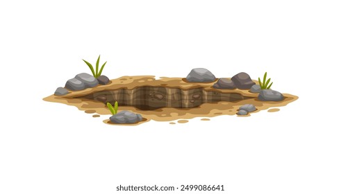 Ground hole, deep dirty pit and burrow in earth, cartoon vector underground dig. Hole in soil or pit hollow and underground burrow of groundhog or mole in soil with grass and dirty stones on edges