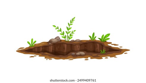 Ground hole, deep dirty pit and burrow in soil or mud surface. Isolated cartoon vector land excavation or cavity, muddy crevice. Environmental natural gap on the lawn, meadow, farm, forest or garden