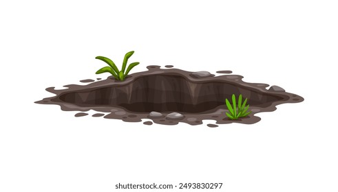 Agujero de tierra o hoyo excavado en la tierra, profunda grieta sucia excavación en la tierra, caricatura de Vector. Agujero en el suelo o pozo de separación subterráneo con barro en charco de agua y hierba de tierra de jardín con marmota o mole madriguera