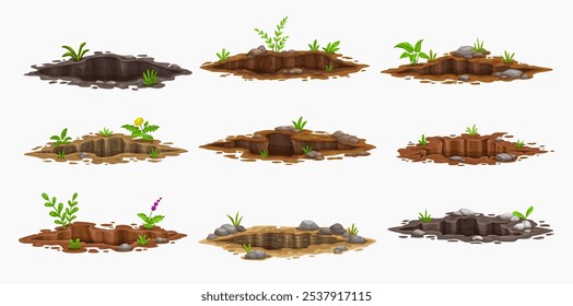 Agujeros del suelo, pozos sucios profundos y madrigueras. Agujeros de Vector de dibujos animados en la tierra, tierra o tierra sucia con grandes grietas, hierba verde, plantas y flores, barro y rocas. Túneles o huecos de madrigueras de animales de jardín