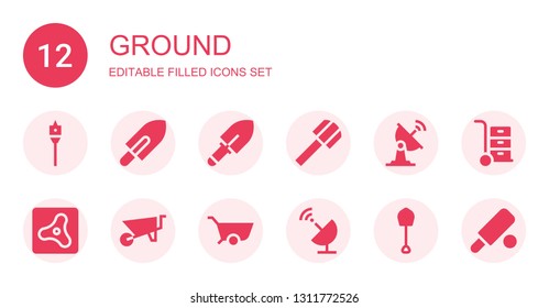 ground icon set. Collection of 12 filled ground icons included Auger, Shovel, Satellite dish, Air, Wheelbarrow, Cricket