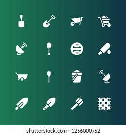 ground icon set. Collection of 16 filled ground icons included Ground pad, Shovel, Satellite dish, Sand, Auger, Wheelbarrow, Cricket, Terra