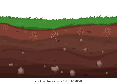 Ground land underground cross section textured with stones in cartoon style. Game level, scenery. Farming ar garden