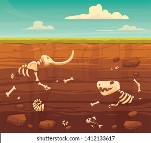 Ground layers with bones. Buried fossil animals, dinosaur, mammot, fish skeleton bone and shellfish.Vector flat style cartoon illustration 