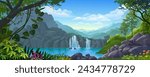 Ground level view of a beautiful waterfall flowing from the rocky cliffs and a landscape of hills and mountains