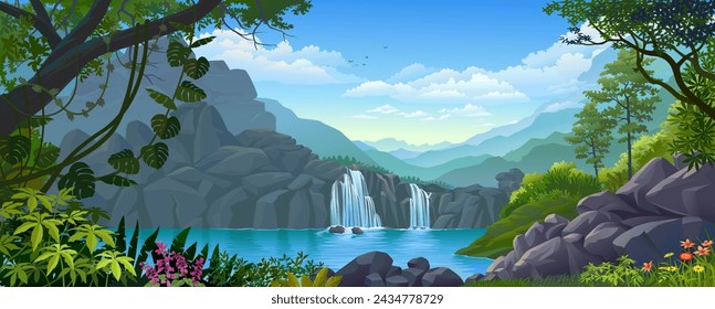 Ground level view of a beautiful waterfall flowing from the rocky cliffs and a landscape of hills and mountains