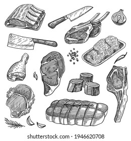 Erdfleisch, Rindfleisch-Steak, Schweinrippen, Siruine, Putenschenkel, Messer-Set. Lebensmittelprodukte, Vektorgrafik. Kollektion von handgezeichneten Elementen. Butler-Shop-Konzept