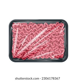 Ground meat in plastic tray vector illustration. Cartoon isolated raw beef or pork meat stuffing, red fresh uncooked forcemeat with texture in butchers package, pack of mincemeat for cooking