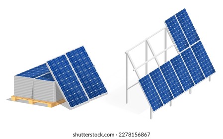 Ground metal structure for solar panels. Solar panels on a pallet. Modern alternative eco-green, renewable energy.