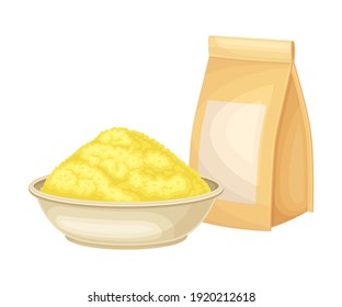 Ground Mustard Seeds Piled in Bowl and Kraft Paper Package Rested Nearby Vector Illustration